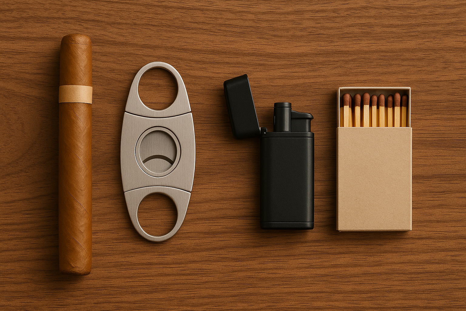 Flat lay of cigar-smoking accessories on a wooden surface, including a brown cigar, a stainless-steel cigar cutter, a black torch lighter with an open lid, and an open matchbox filled with matches, all arranged neatly in a row.