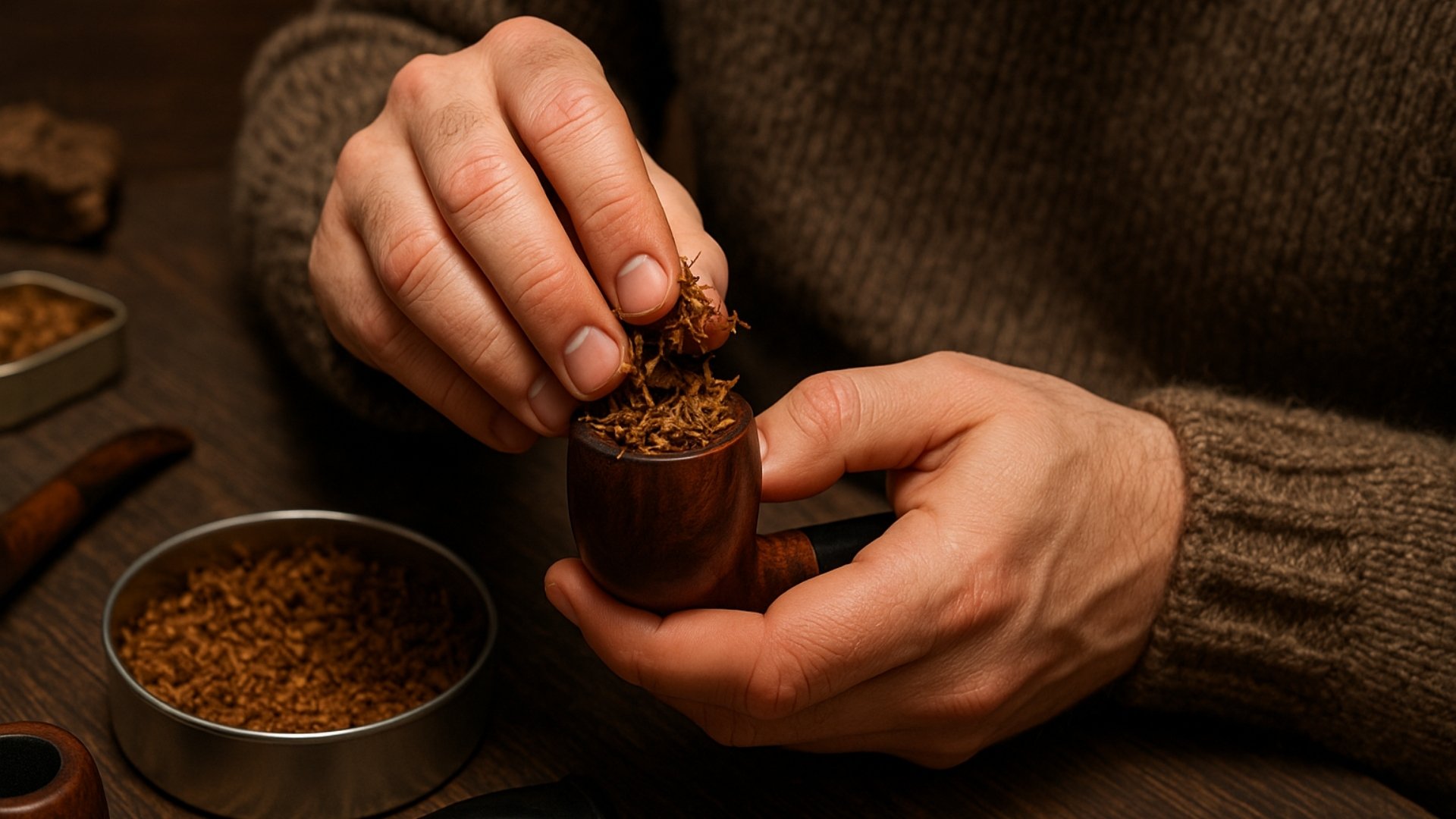 Man overpacking a wooden pipe with tobacco