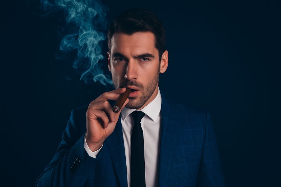 Man in a blue suit smoking a cigar with smoke swirling in the air.