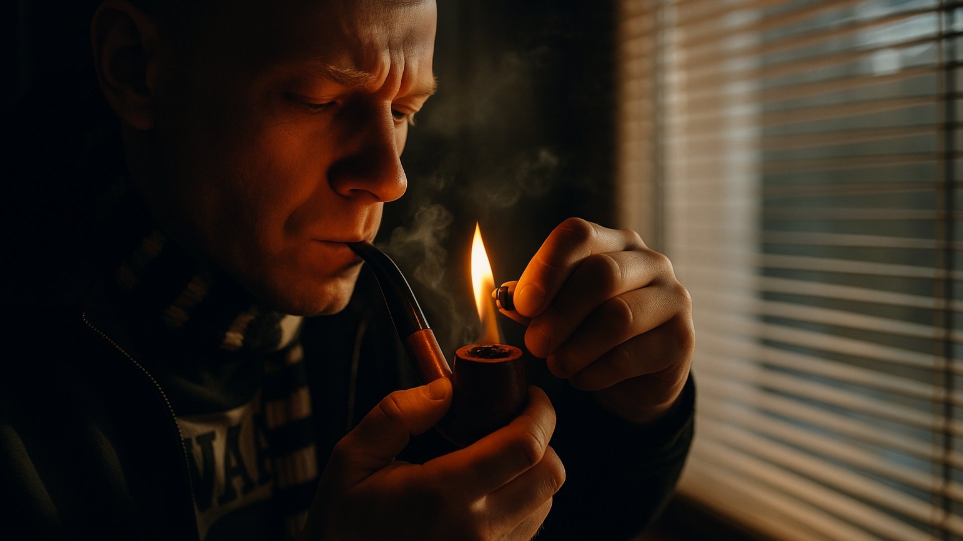 Man smoking a tobacco pipe near a window with smoke rising.