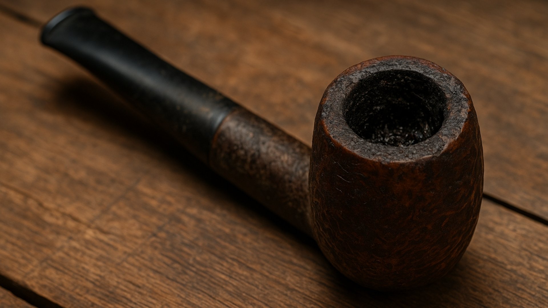 Dirty, charred tobacco pipe resting on a wooden surface.