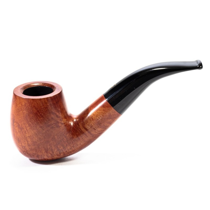 Bent briar wood tobacco pipe with a black acrylic stem on white background.