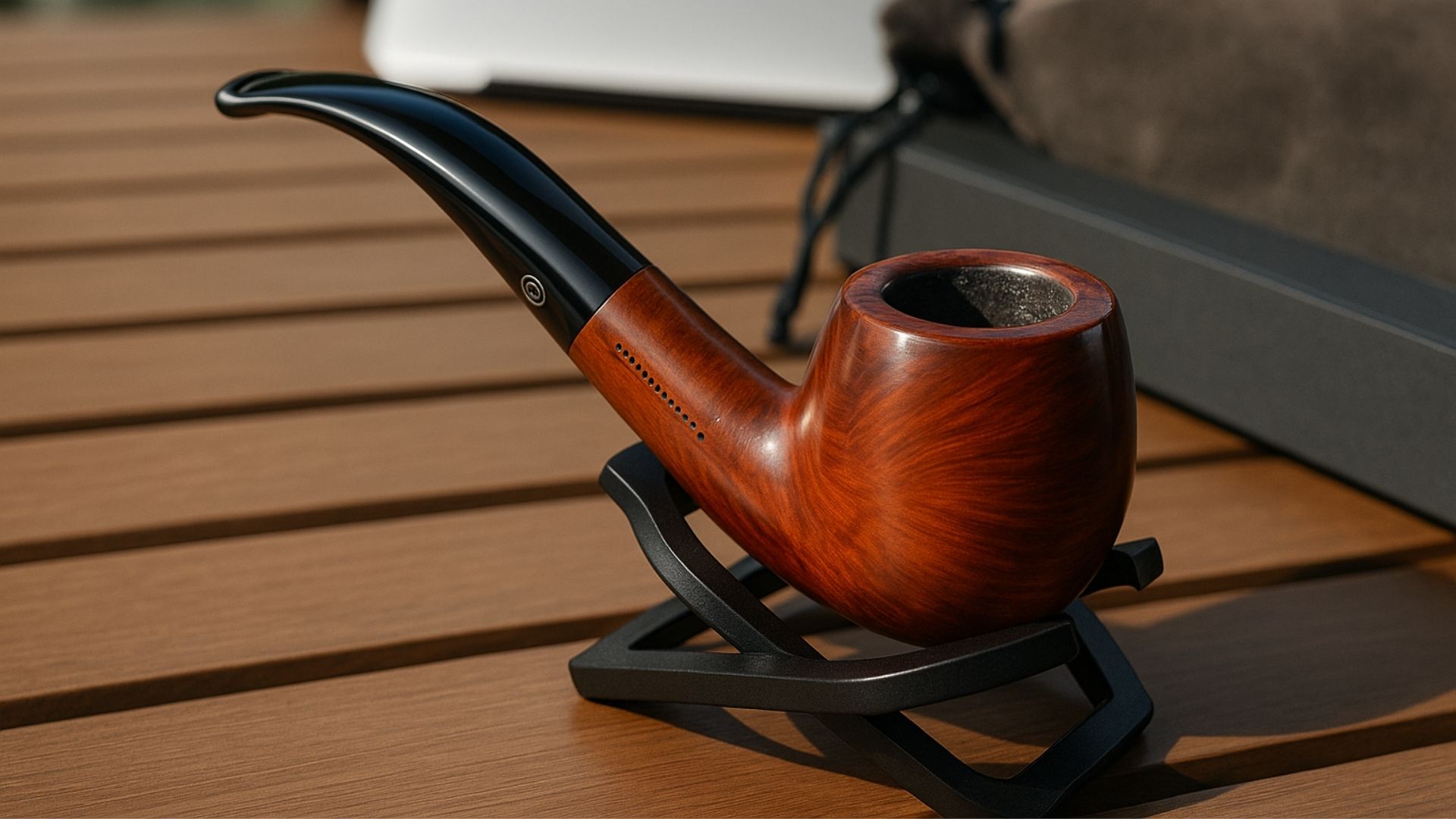 Polished wooden tobacco pipe with black stem on a metal stand, placed on an outdoor wooden table next to a laptop and pouch.