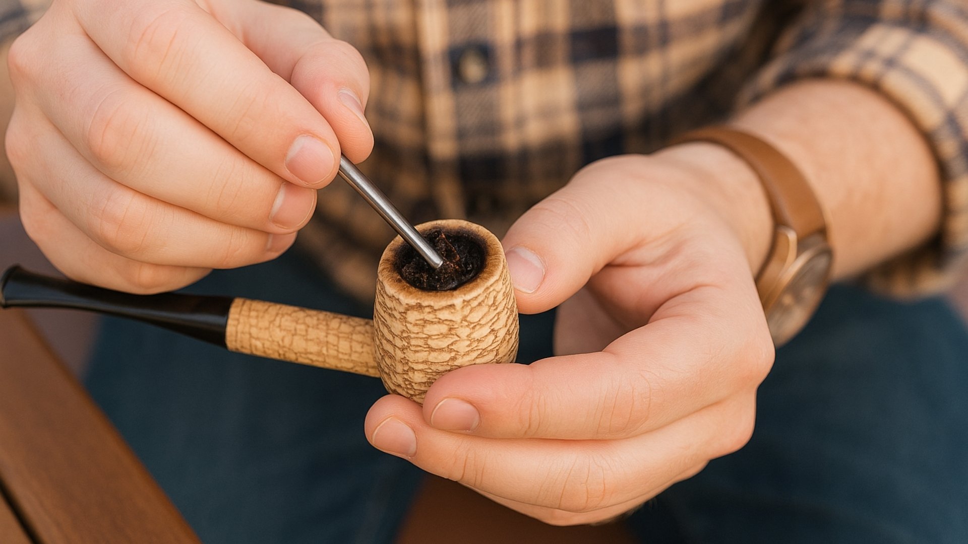 Man tamping tobacco in a corn cob pipe using a metal tool.