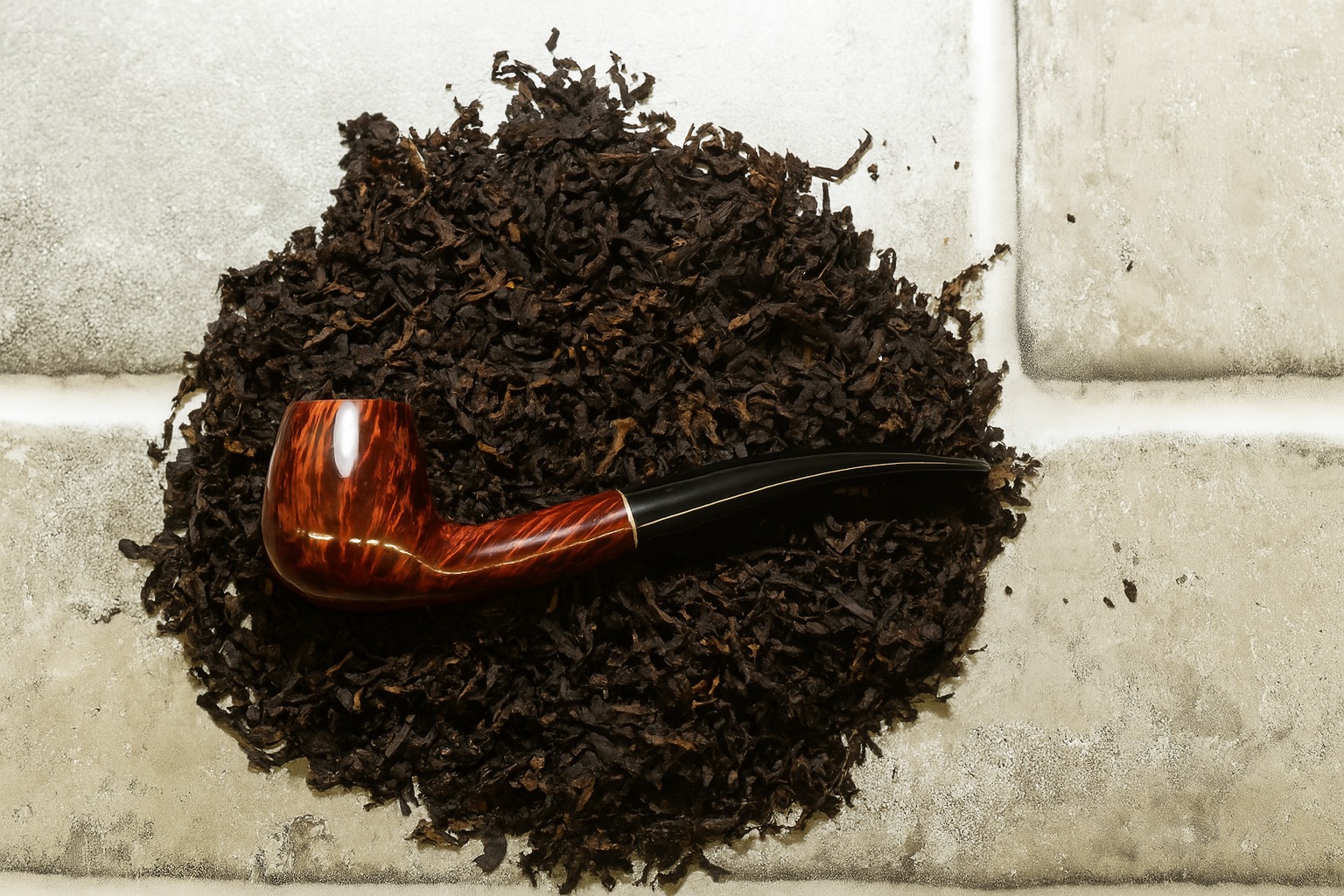 A polished wooden tobacco pipe resting on a pile of loose black tobacco leaves on a tiled surface.