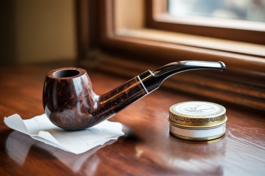 A clean tobacco pipe resting on a paper towel beside a tin of tobacco, drying after cleaning to absorb residual moisture.