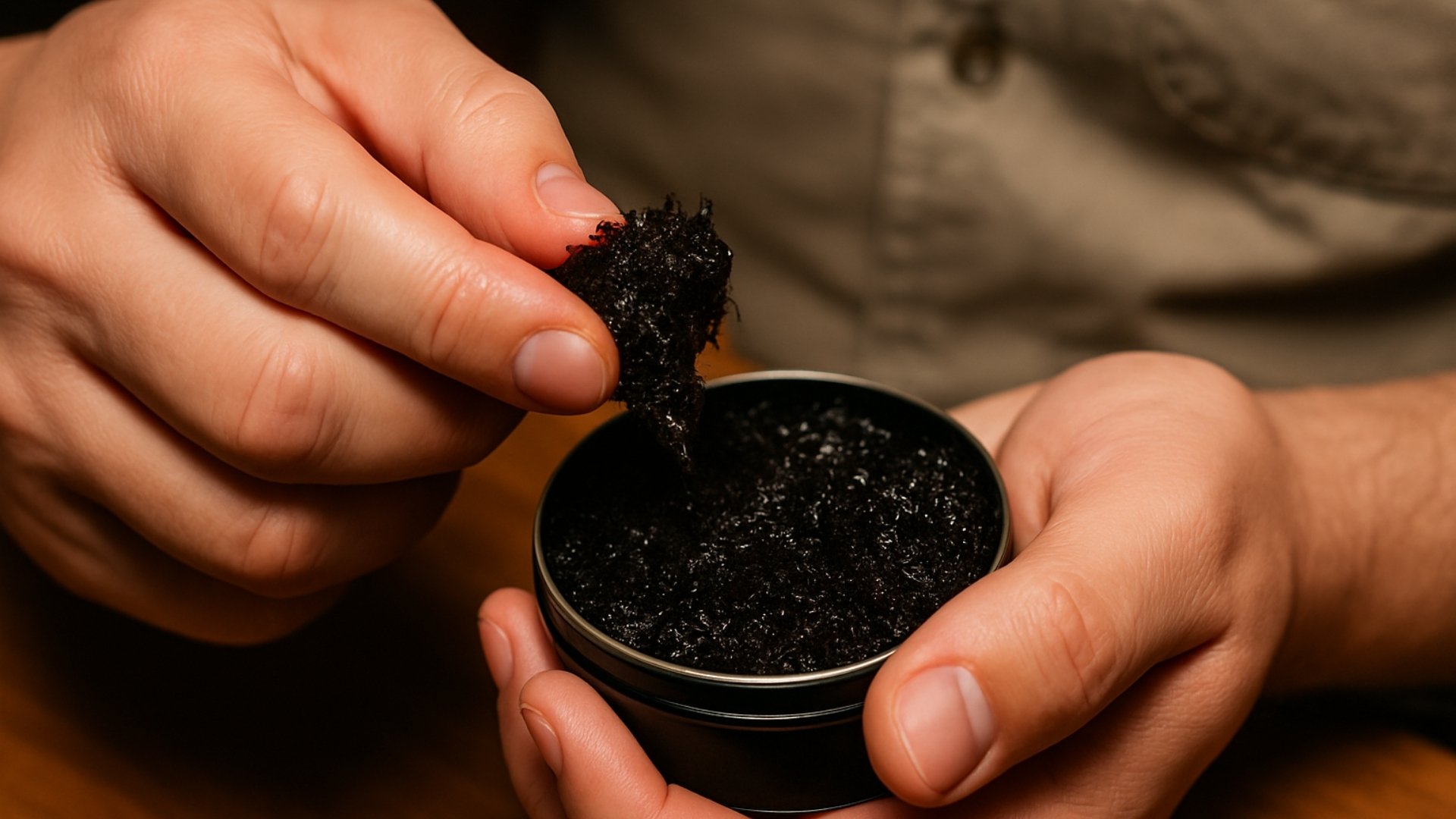 Man pinching moist shredded tobacco from a round tin can