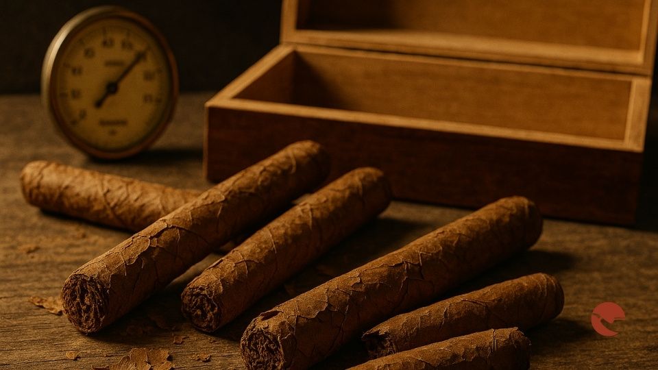 Primo piano di sigari fragili e danneggiati con involucri scrostati accanto a un humidor aperto e a un igrometro.