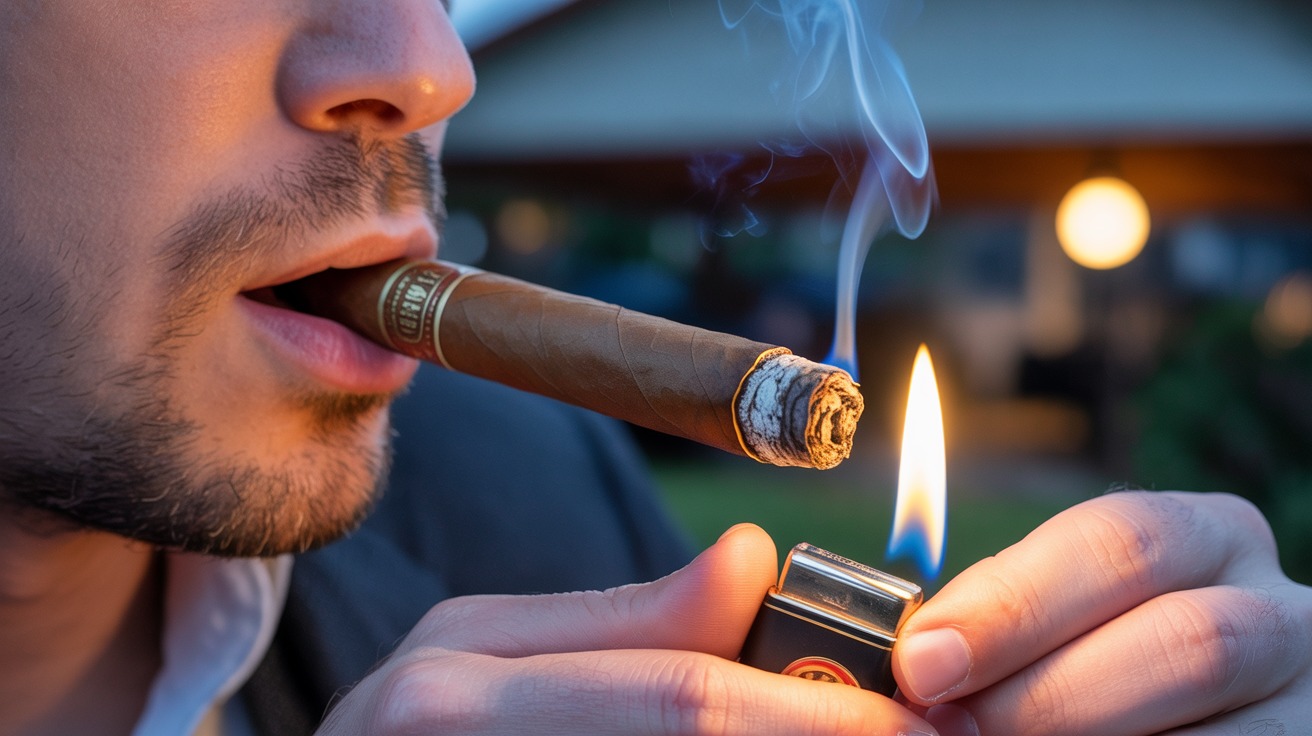Man lighting a cigar held in his mouth with a small soft-flame lighter, smoke rising from the cigar's foot.