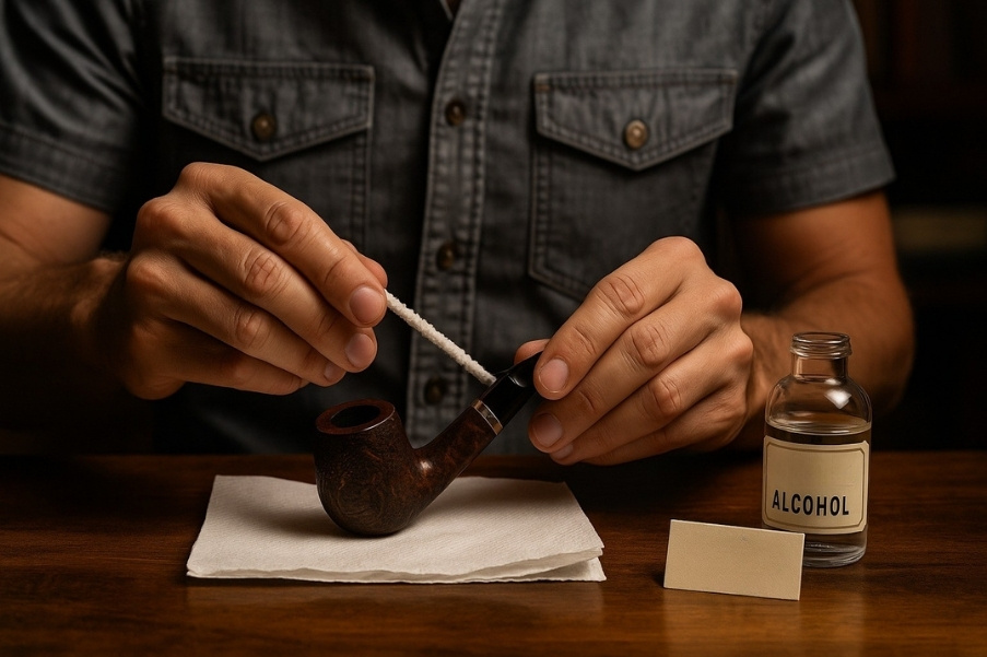 Man cleaning a tobacco pipe with a pipe cleaner dipped in denatured alcohol, seated at a wooden table with a paper towel underneath