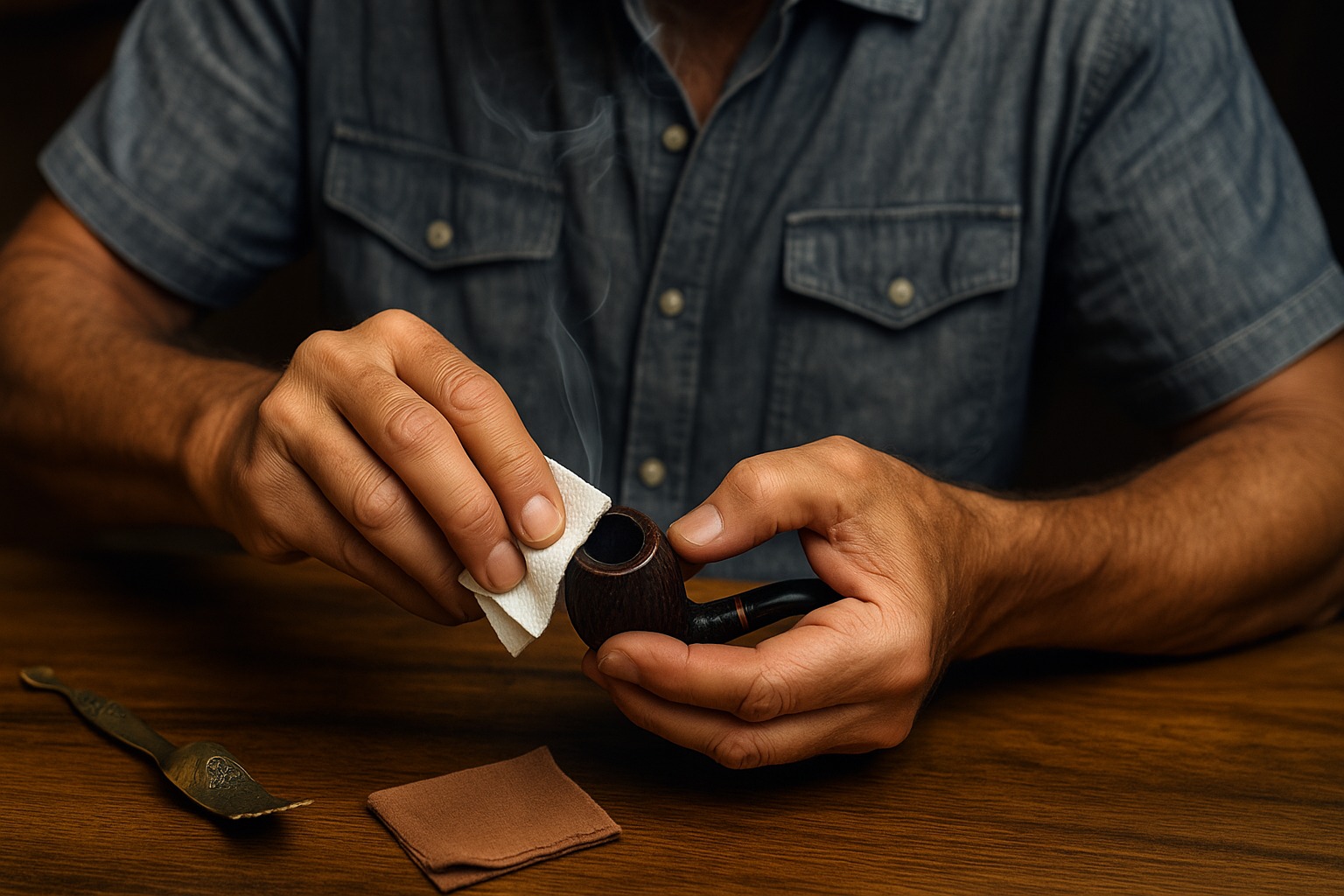 Man holding a tobacco pipe with both hands, gently wiping the bowl with a soft cloth to preserve the inner carbon layer